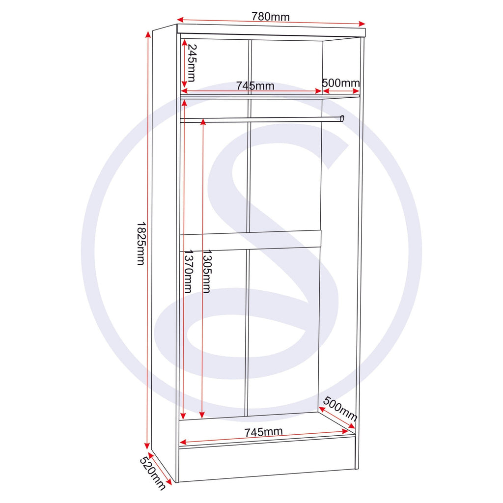 Nevada 2 Door All Hanging Wardrobe - Grey Gloss/Light Oak Effect Veneer