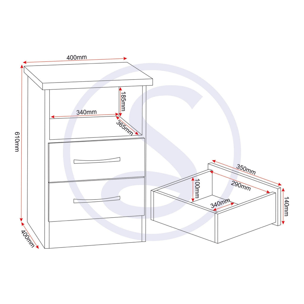 Nevada 2 Drawer Bedside - Oyster Gloss/Light Oak Effect Veneer