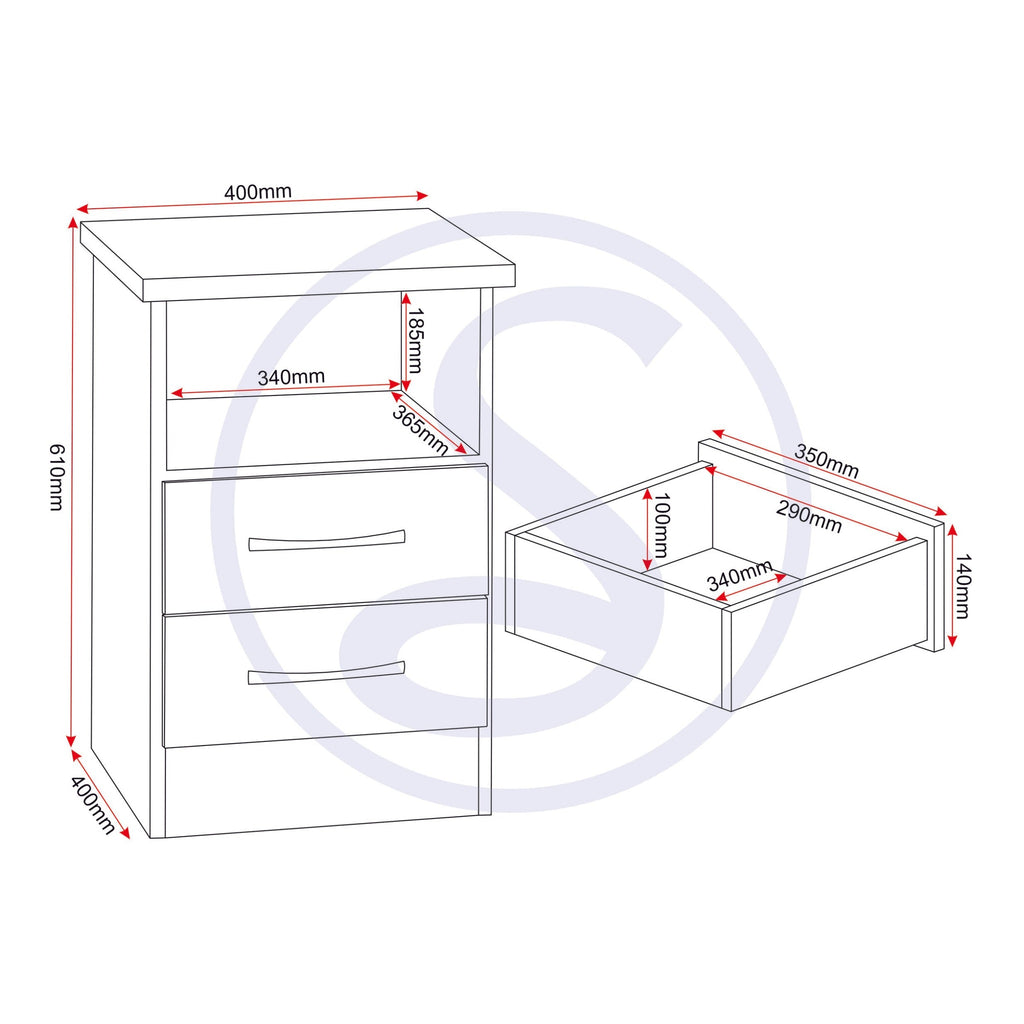 Nevada 2 Drawer Bedside - Black Gloss