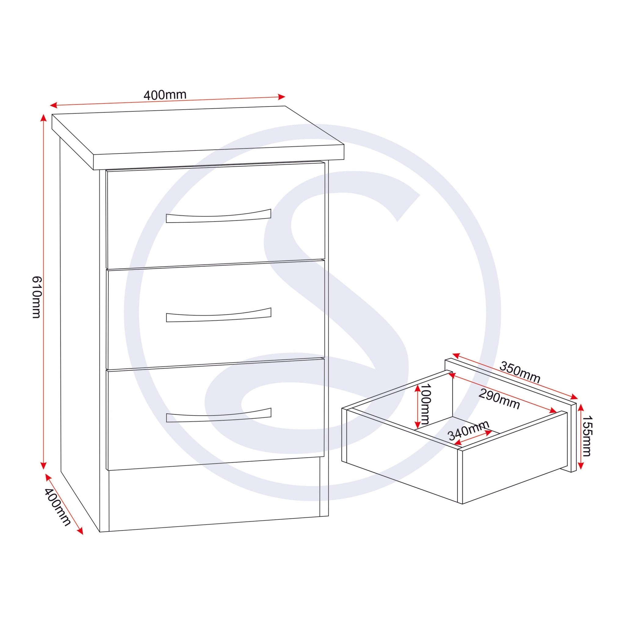 Nevada 3 Drawer Bedside - 3D Effect Grey