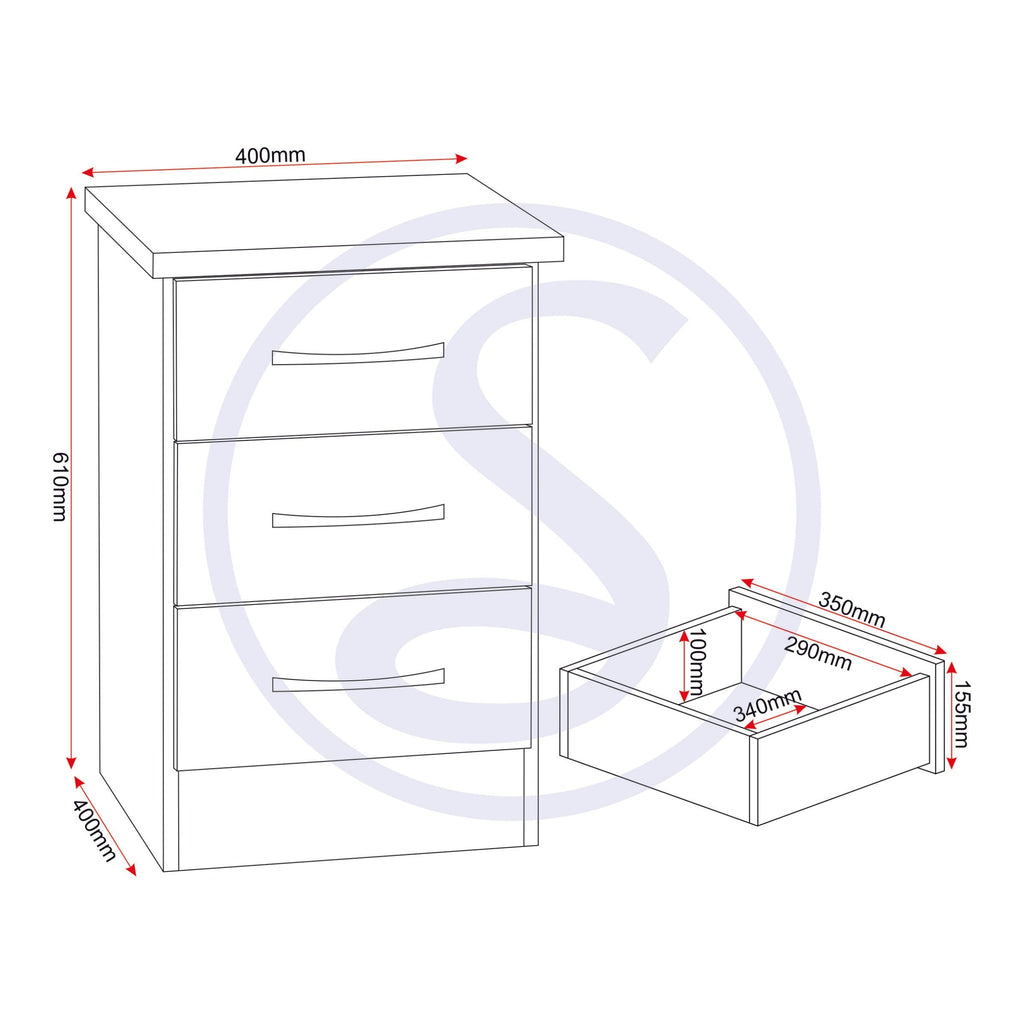 Nevada 3 Drawer Bedside - White Gloss