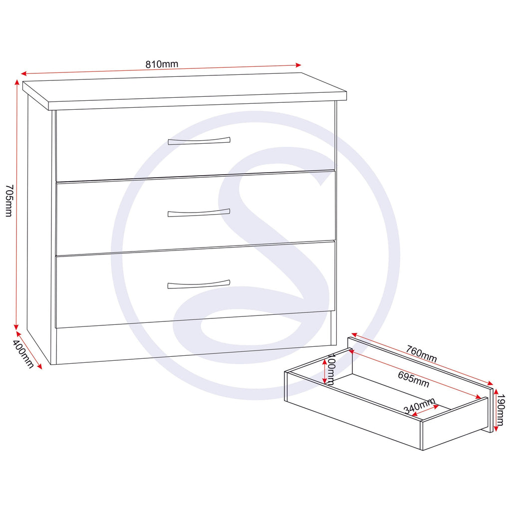 Nevada 3 Drawer Chest - 3D Effect Grey