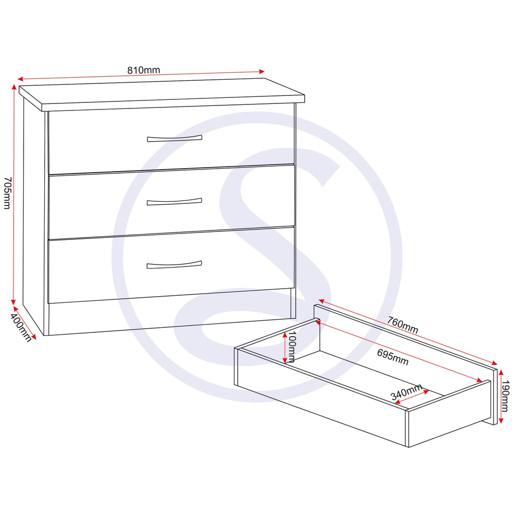 Nevada 3 Drawer Chest - Black Gloss