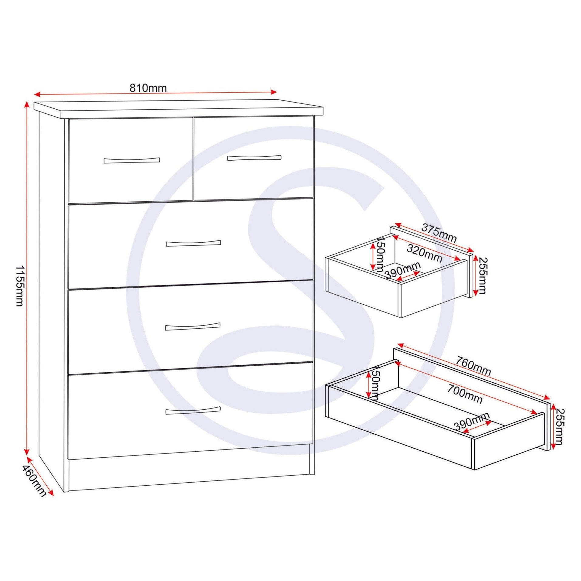 Nevada 3+2 Drawer Chest - White Gloss