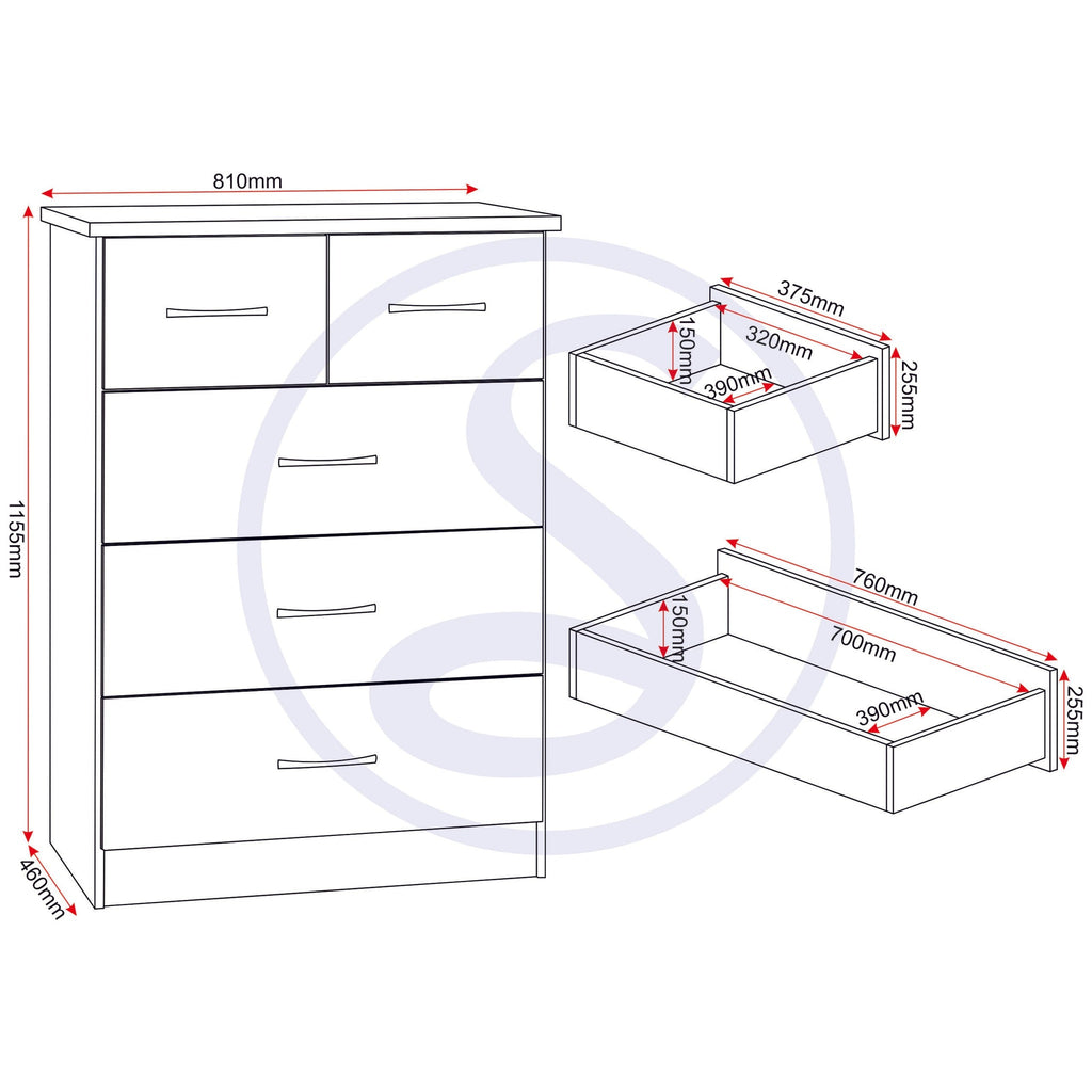 Nevada 3+2 Drawer Chest - Black Gloss