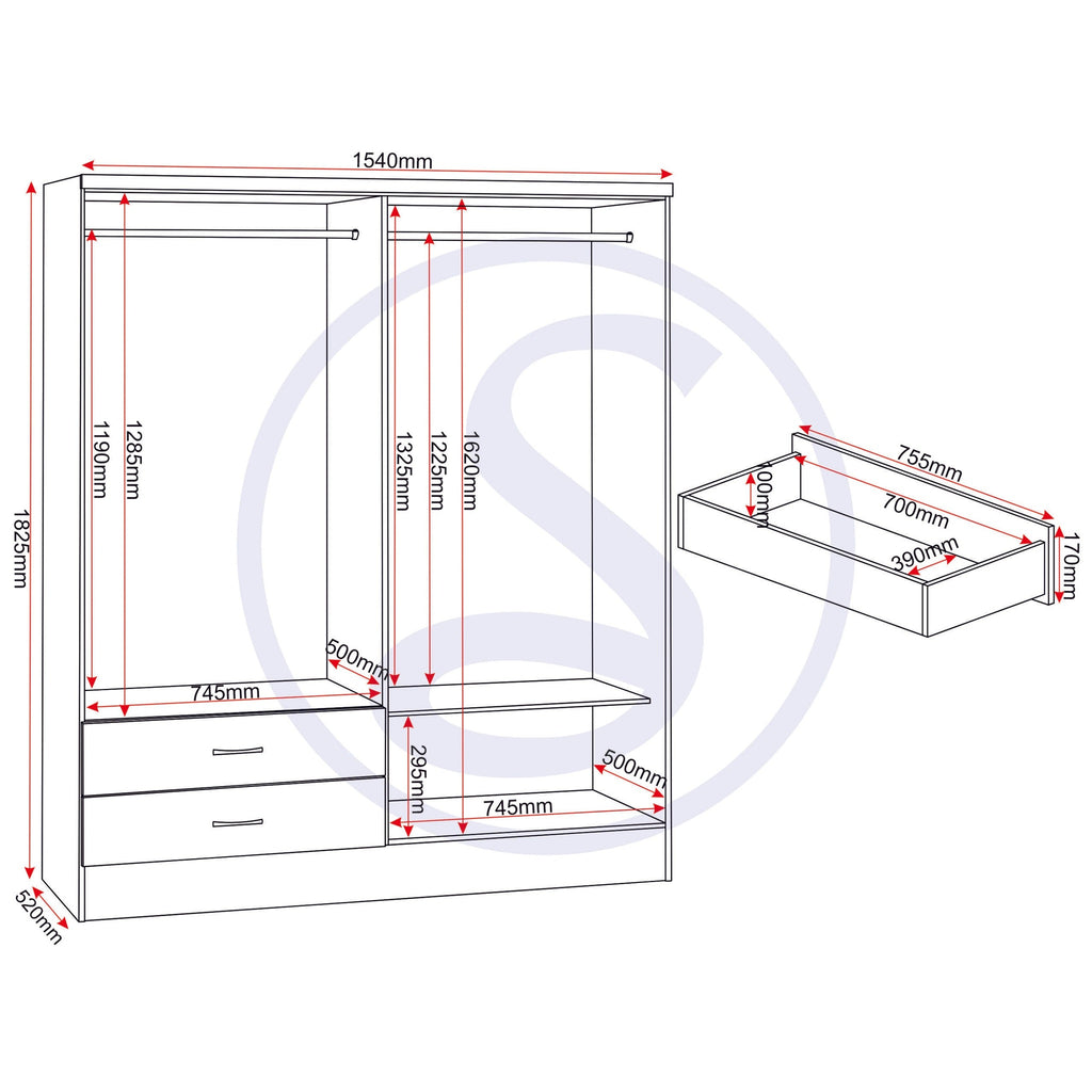 Nevada 4 Door 2 Drawer Wardrobe Bedroom Set - 3D Effect Grey