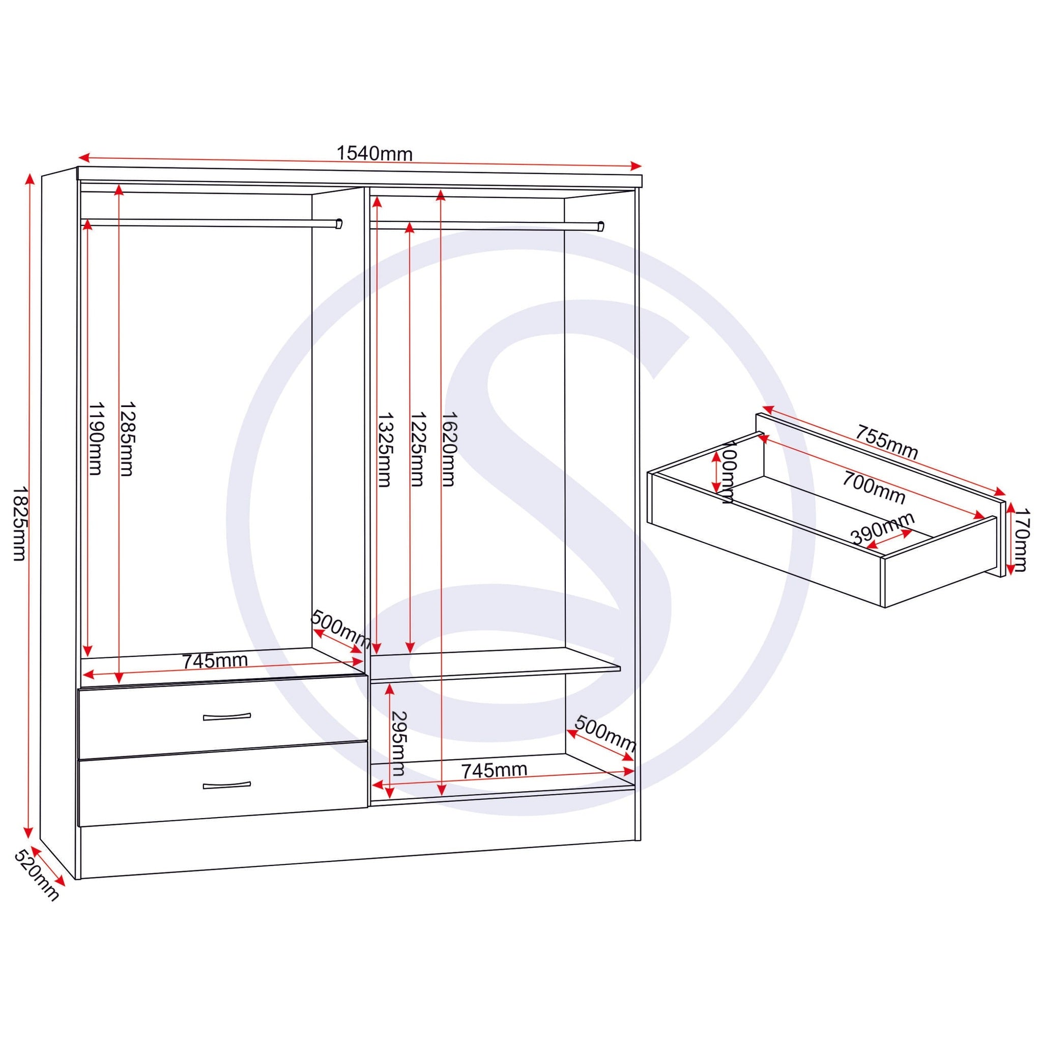 Nevada 4 Door 2 Drawer Wardrobe Bedroom Set - 3D Effect Grey