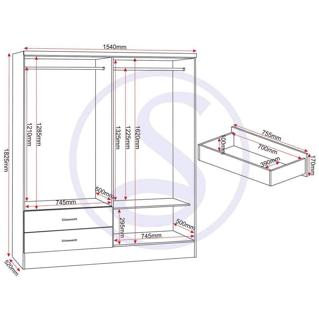 Nevada 4 Door 2 Drawer Wardrobe - 3D Effect Grey
