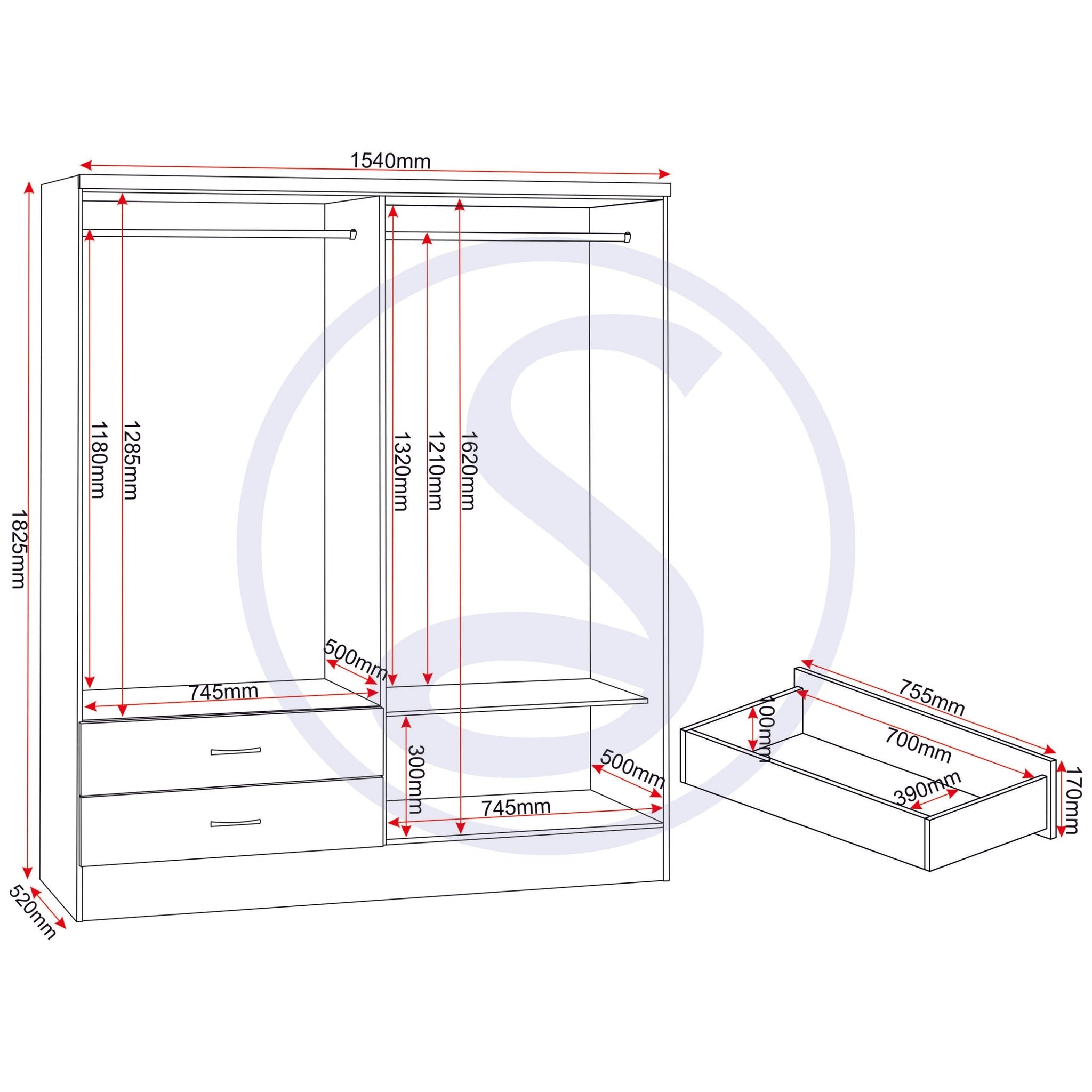 Nevada 4 Door 2 Drawer Wardrobe Bedroom Set - Sonoma Oak Effect