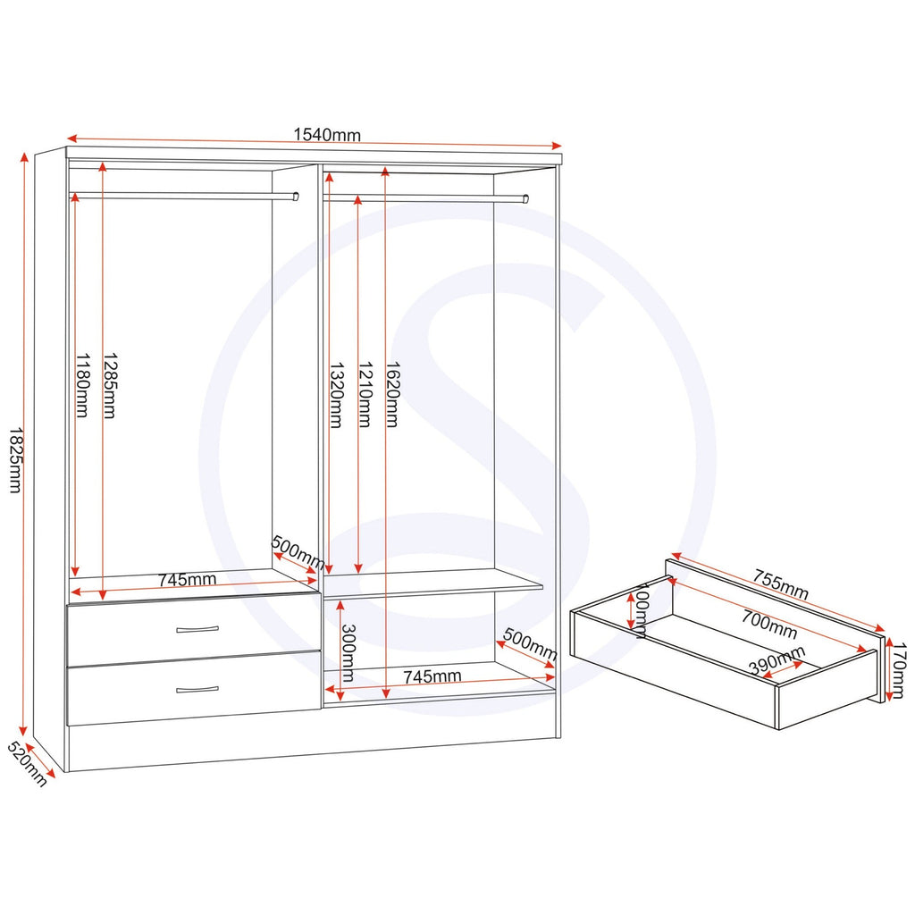 Nevada 4 Door 2 Drawer Wardrobe - Grey Gloss/Light Oak Effect Veneer