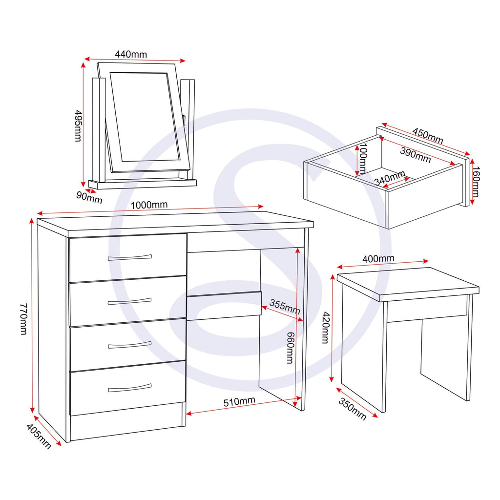 Nevada Dressing Table Set - Grey Gloss/Light Oak Effect Veneer