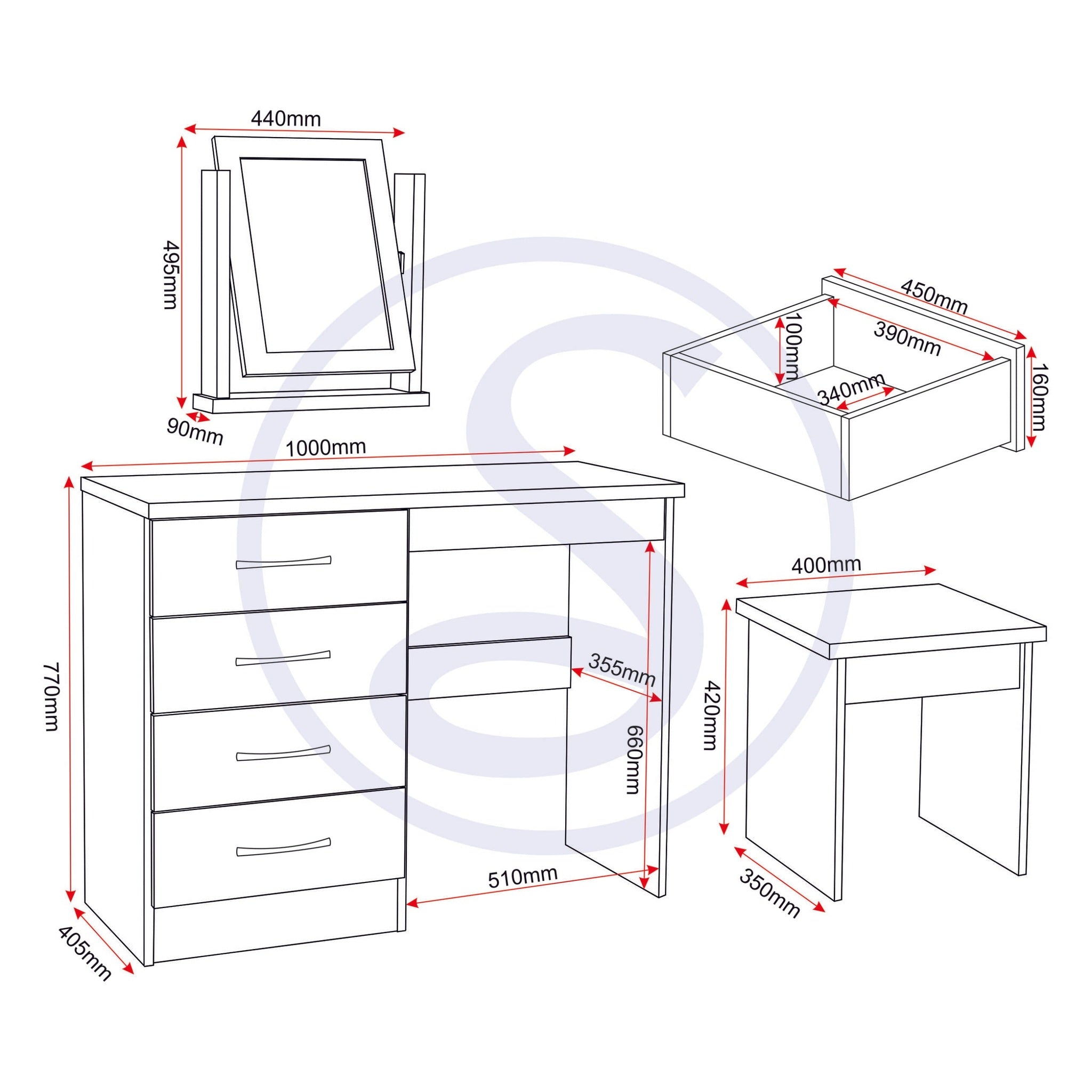 Nevada Dressing Table Set - Grey Gloss/Light Oak Effect Veneer
