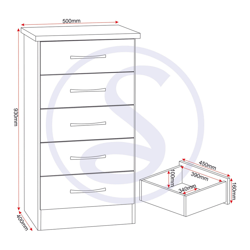 Nevada 5 Drawer Narrow Chest - Sonoma Oak Effect