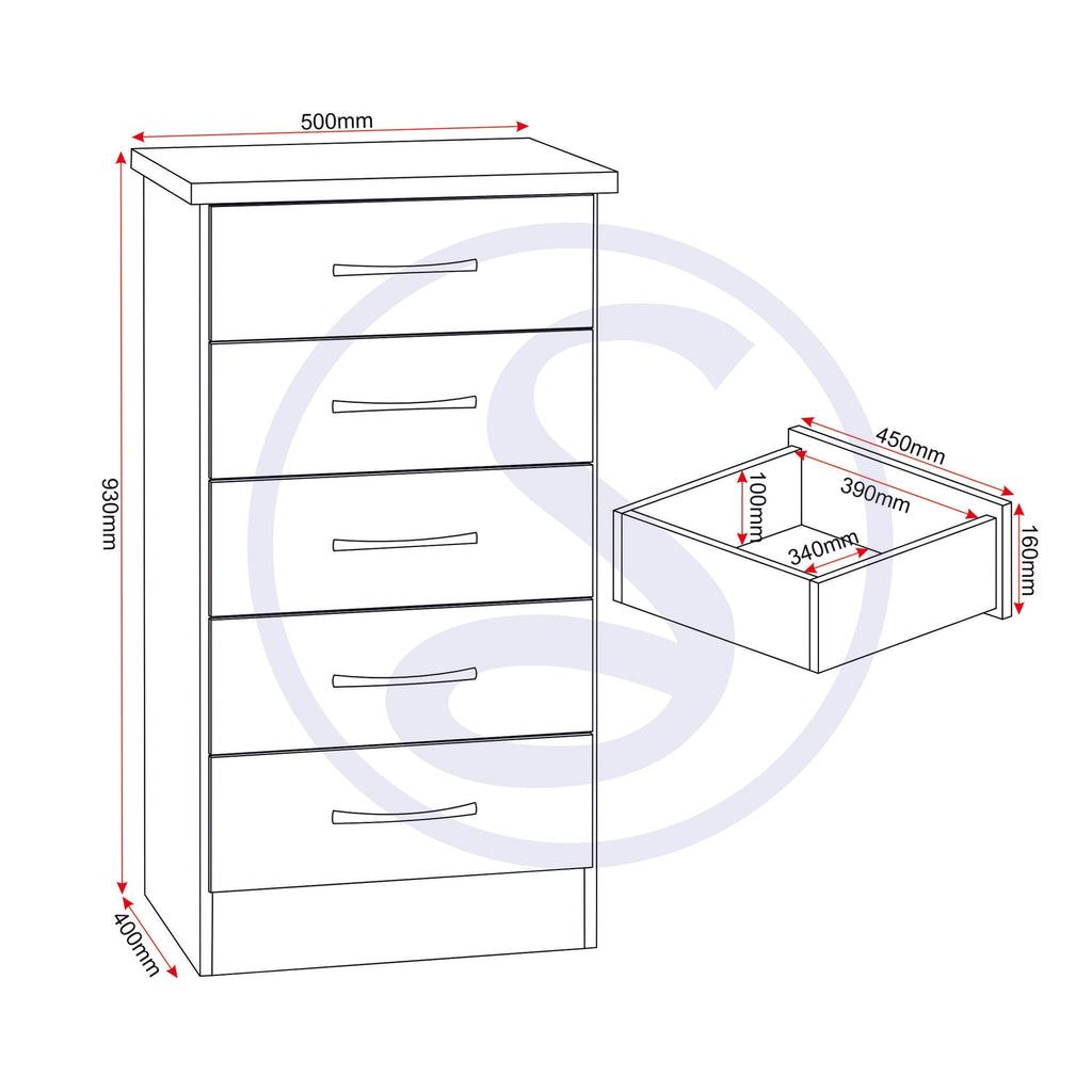 Nevada 5 Drawer Narrow Chest - Black Gloss