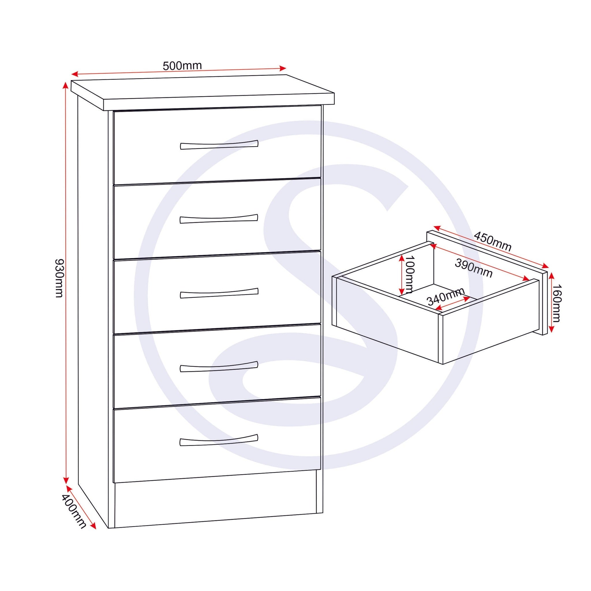 Nevada 5 Drawer Narrow Chest - Black Gloss
