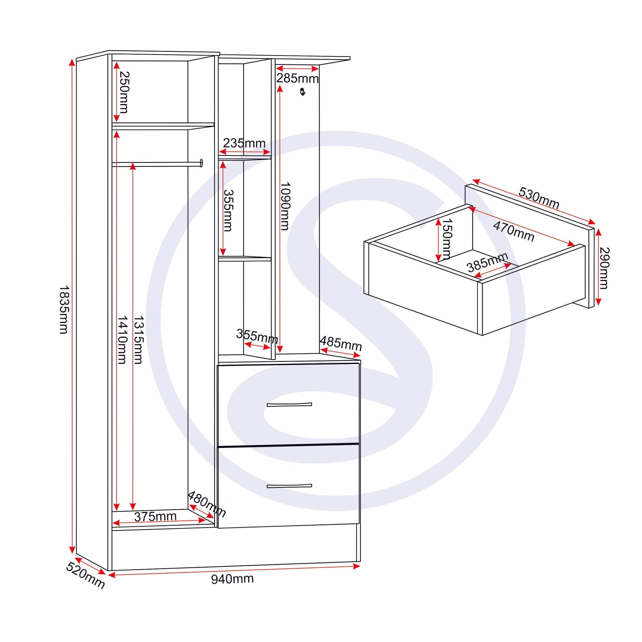 Nevada Mirrored Open Shelf Wardrobe - White Gloss