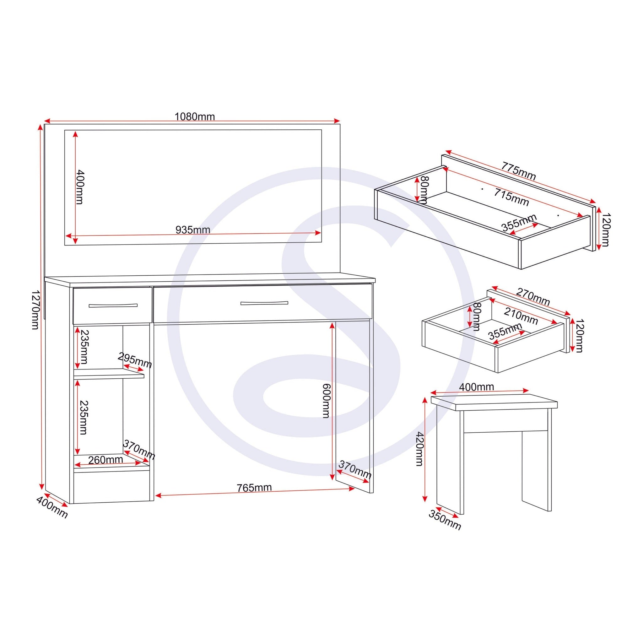 Nevada Vanity/Dressing Table Set - White Gloss