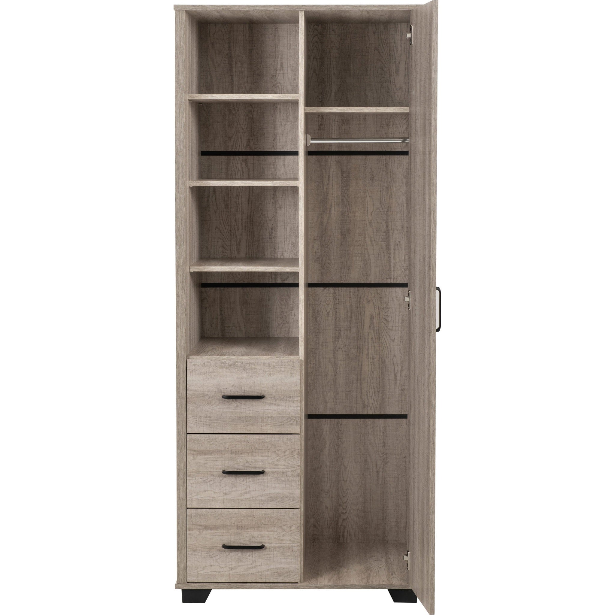 Oliver 1 Door 3 Drawer Open Shelf Wardrobe - Light Oak Effect