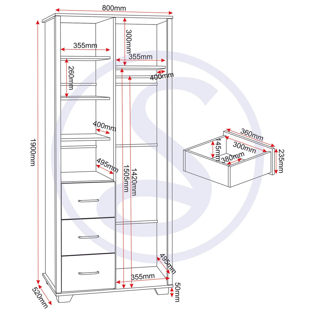 Oliver 1 Door 3 Drawer Open Shelf Wardrobe - Light Oak Effect