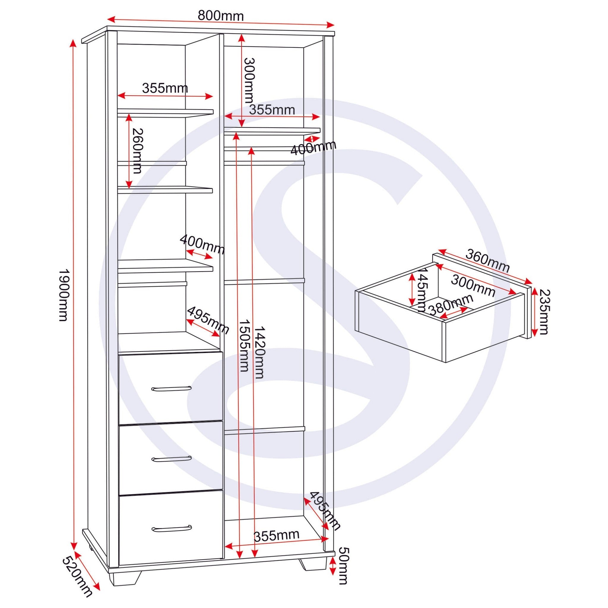 Oliver 1 Door 3 Drawer Open Shelf Wardrobe - Light Oak Effect