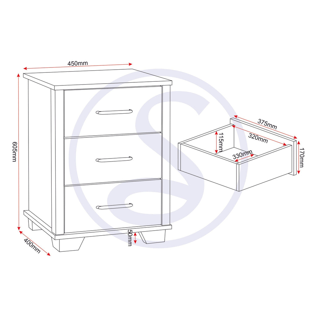 Oliver 3 Drawer Bedside - Light Oak Effect