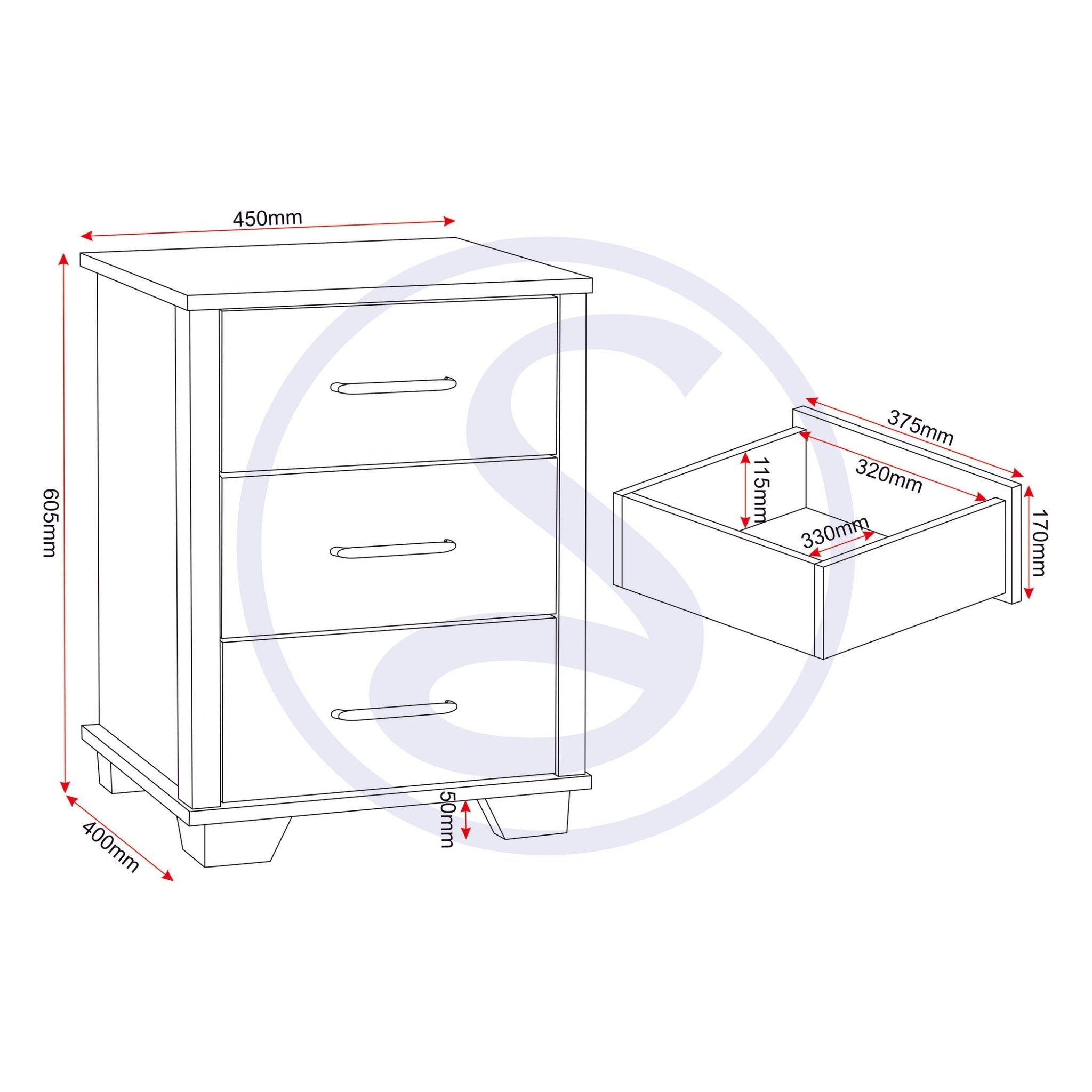 Oliver 3 Drawer Bedside - Light Oak Effect