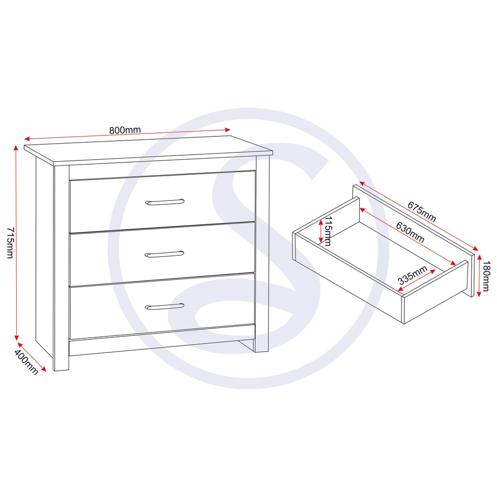 Portland 3 Drawer Chest - Grey/Oak Effect