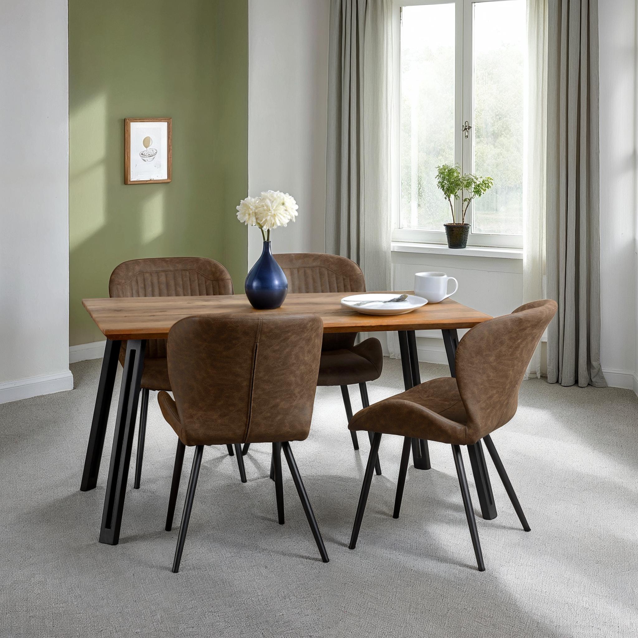 Quebec Straight Edge Dining Set X4 Chairs - Medium Oak Effect/Brown Pu