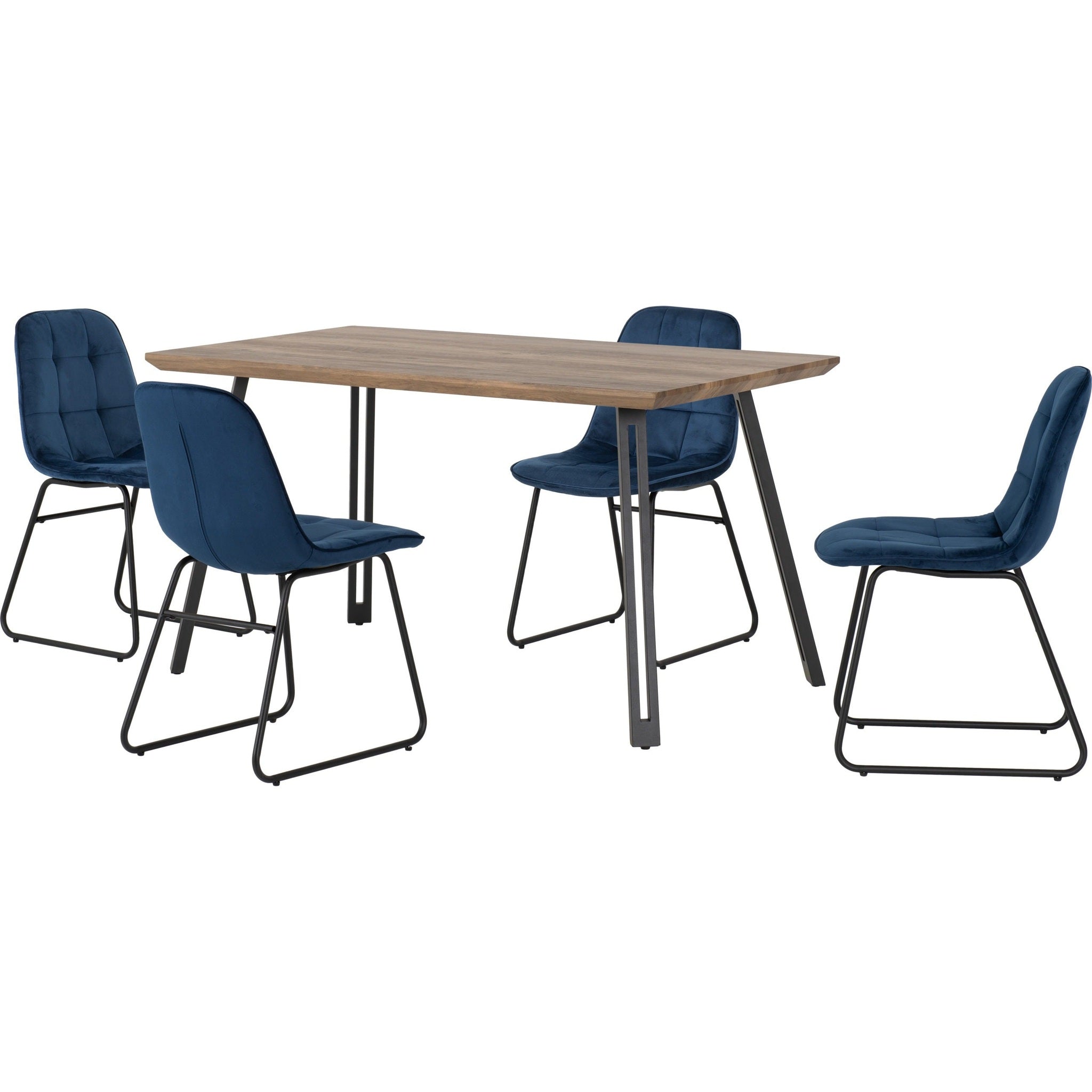 Quebec Straight & Lukas Dining Set X4 Chairs - Medium Oak Effect/Sapphire Blue Velvet