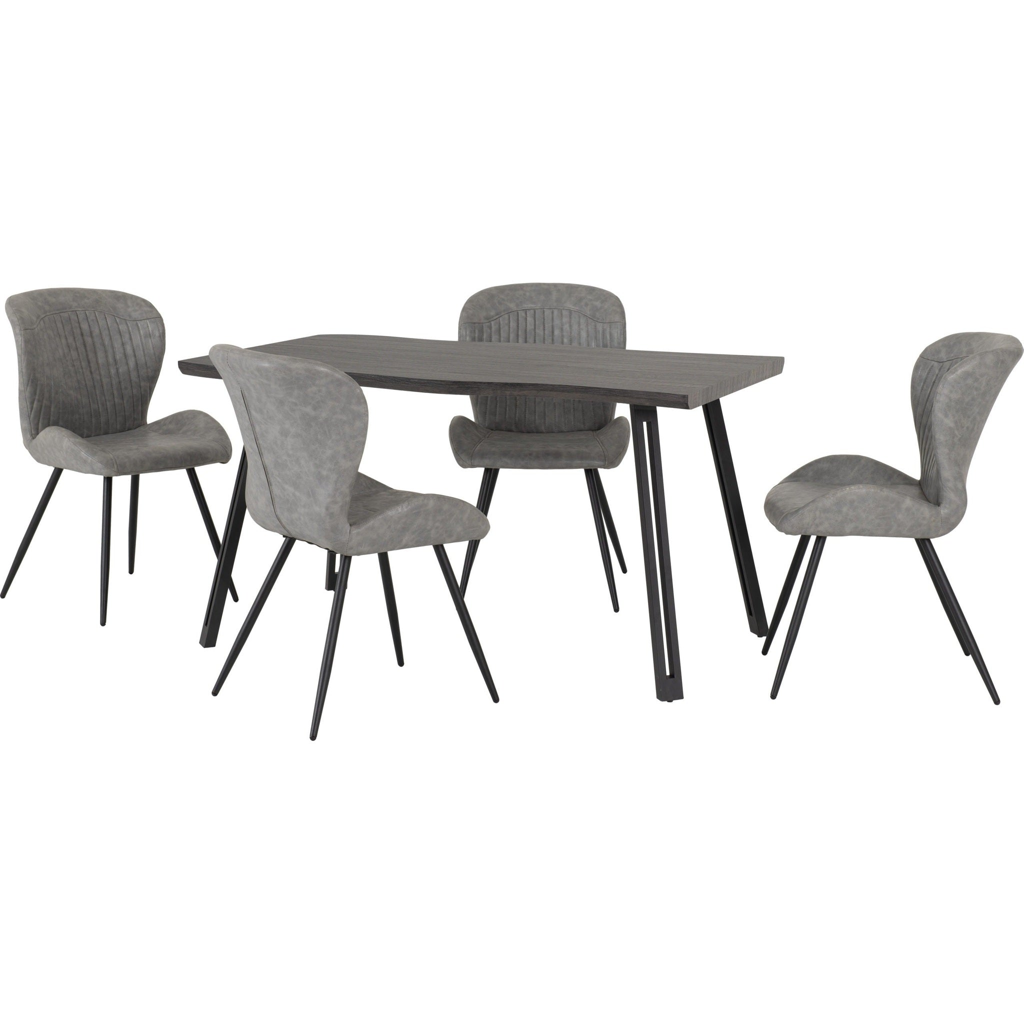 Quebec Wave Edge Dining Set X4 Chairs - Black Wood Grain/Grey Pu