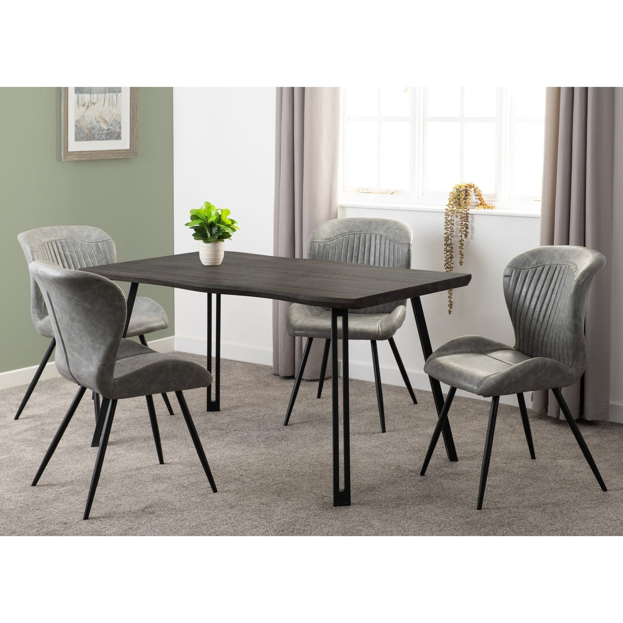 Quebec Wave Edge Dining Set X4 Chairs - Black Wood Grain/Grey Pu