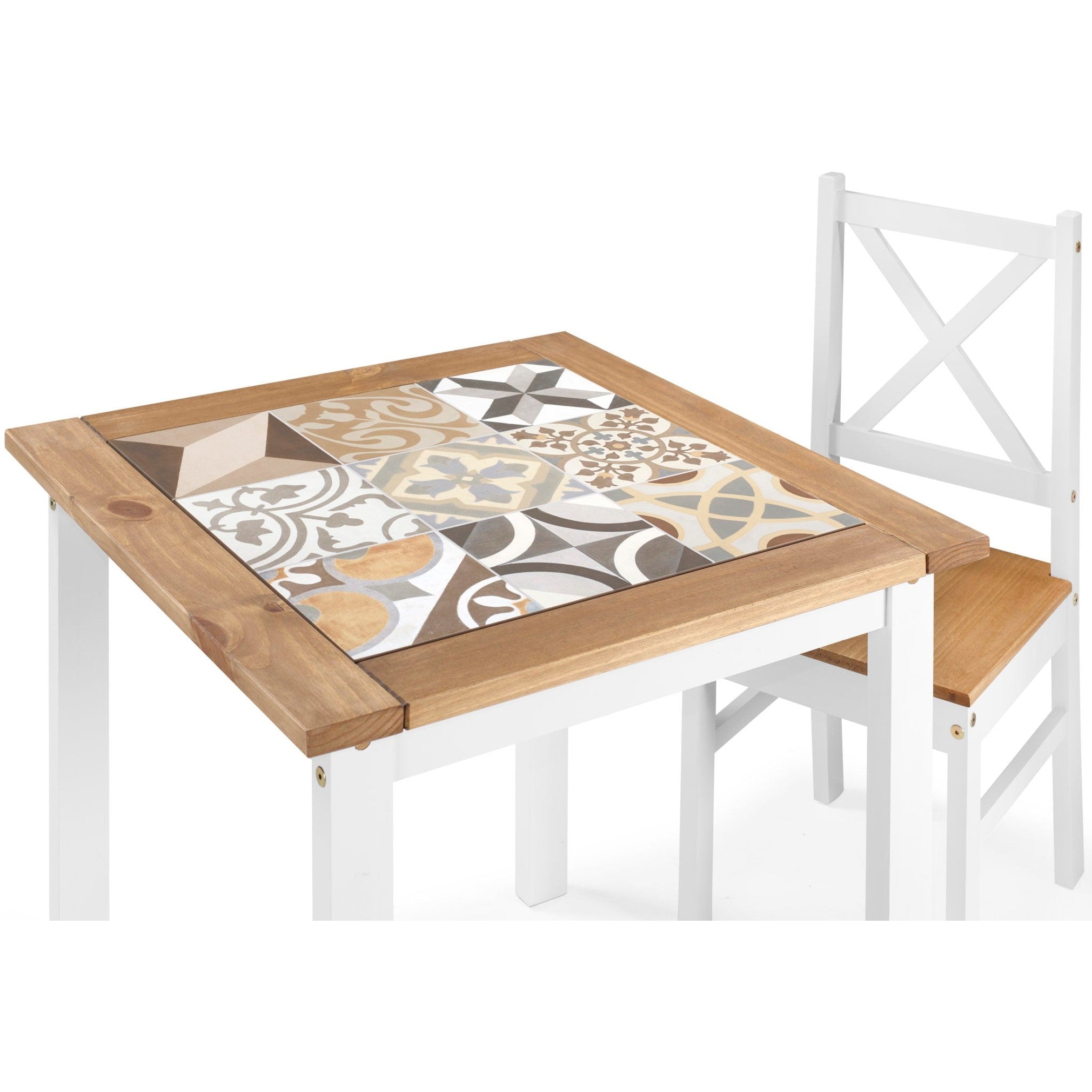 Salvador 1+2 Tile Top Dining Set - White/Distressed Waxed Pine