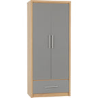 Seville 2 Door 1 Drawer Wardrobe - Grey Gloss/Light Oak Effect Veneer