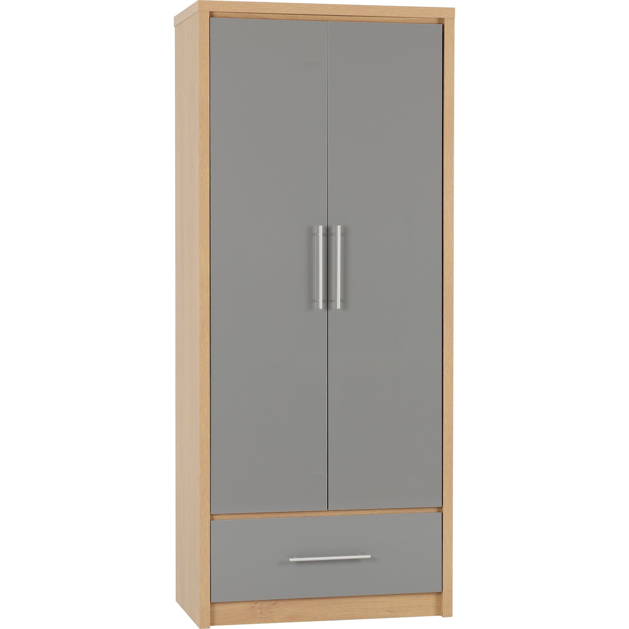 Seville 2 Door 1 Drawer Wardrobe - Grey Gloss/Light Oak Effect Veneer