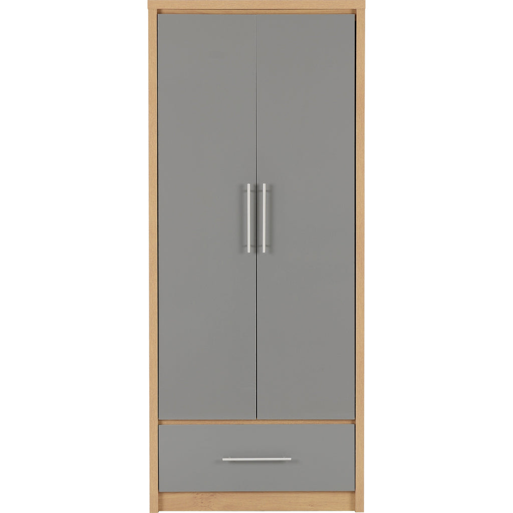 Seville 2 Door 1 Drawer Wardrobe - Grey Gloss/Light Oak Effect Veneer
