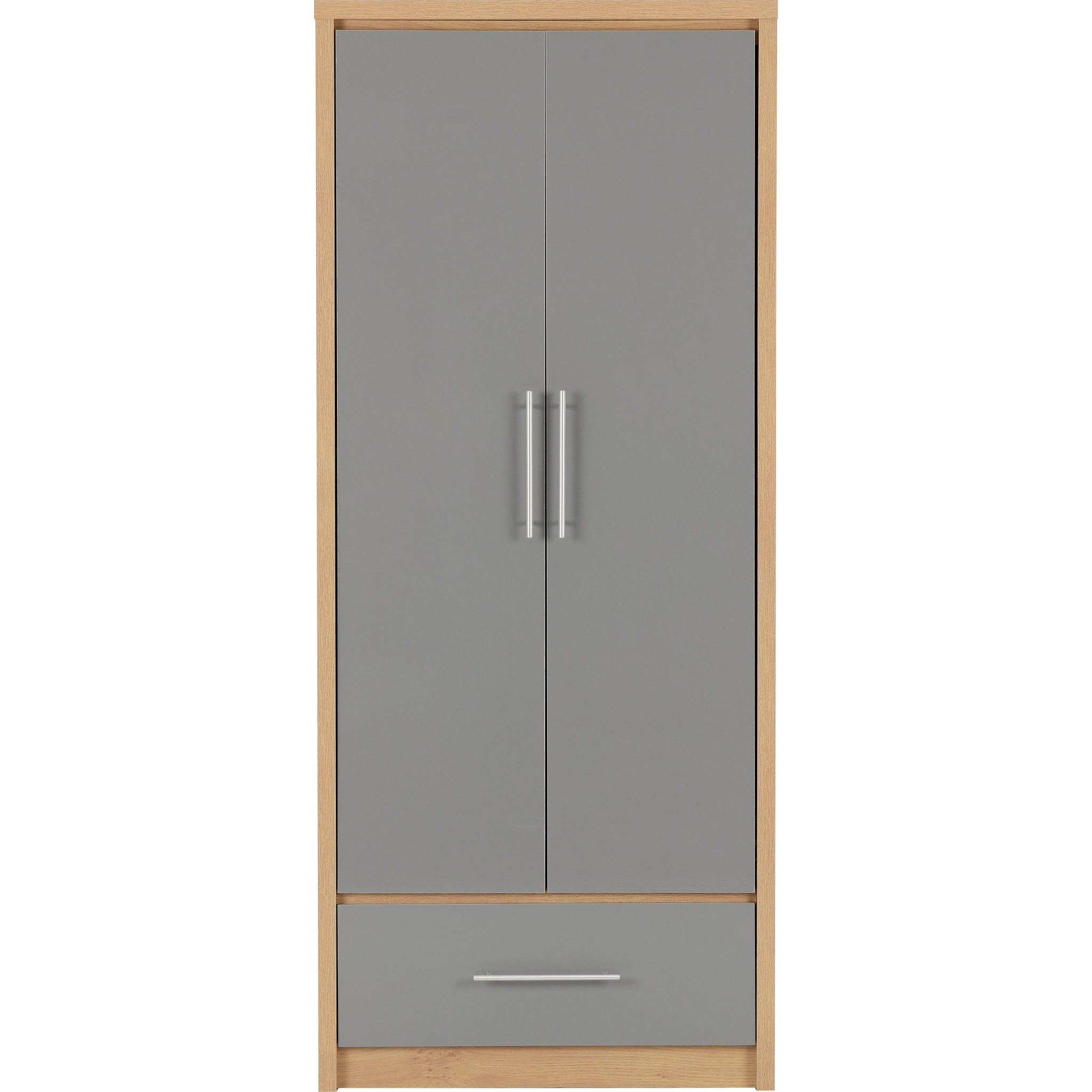 Seville 2 Door 1 Drawer Wardrobe - Grey Gloss/Light Oak Effect Veneer