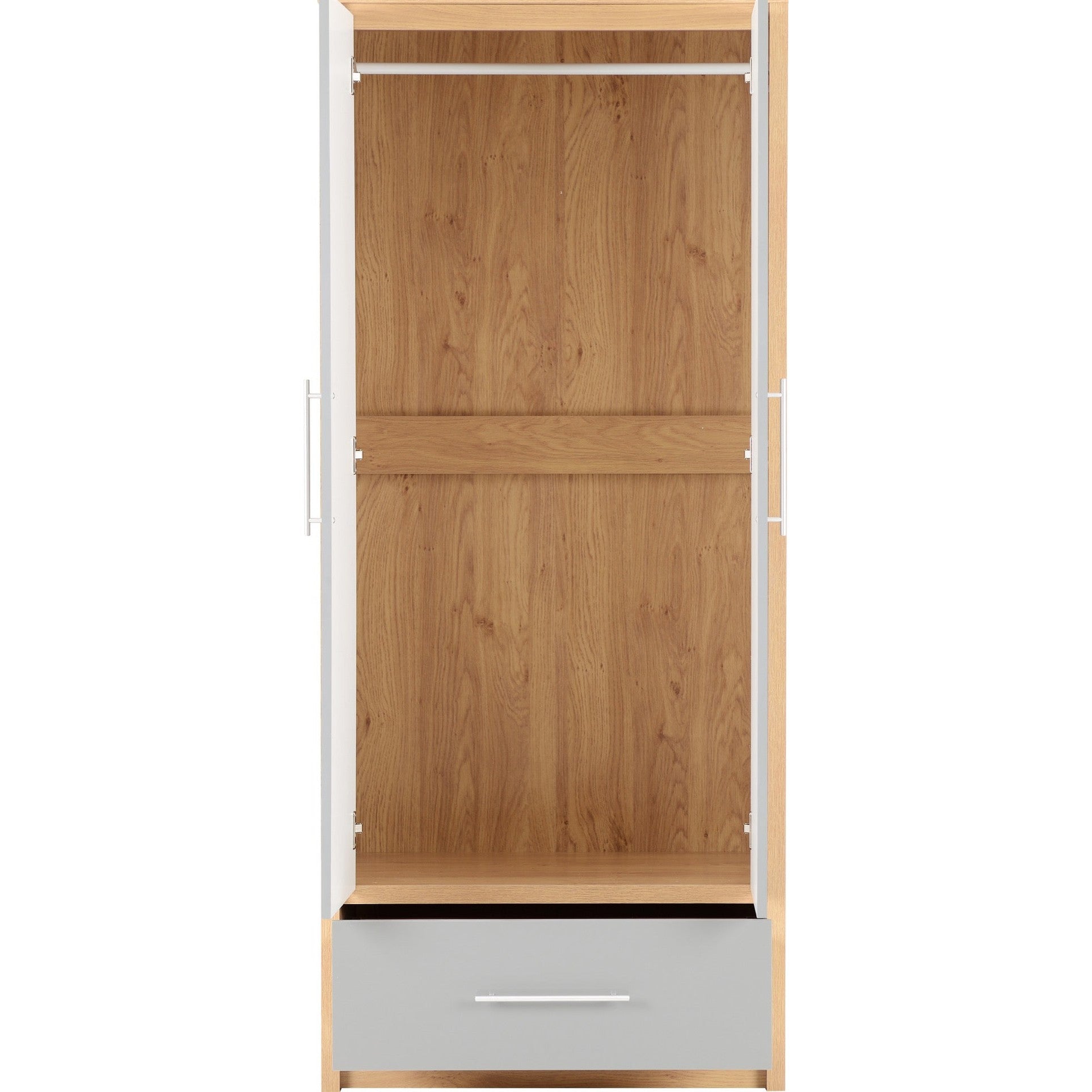 Seville 2 Door 1 Drawer Wardrobe - Grey Gloss/Light Oak Effect Veneer
