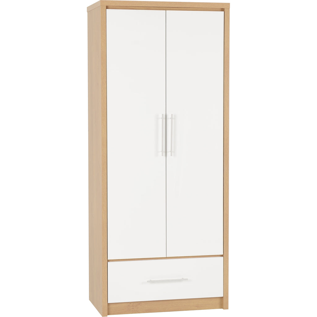 Seville 2 Door 1 Drawer Wardrobe - White Gloss/Light Oak Effect Veneer