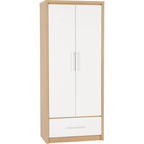 Seville 2 Door 1 Drawer Wardrobe - White Gloss/Light Oak Effect Veneer