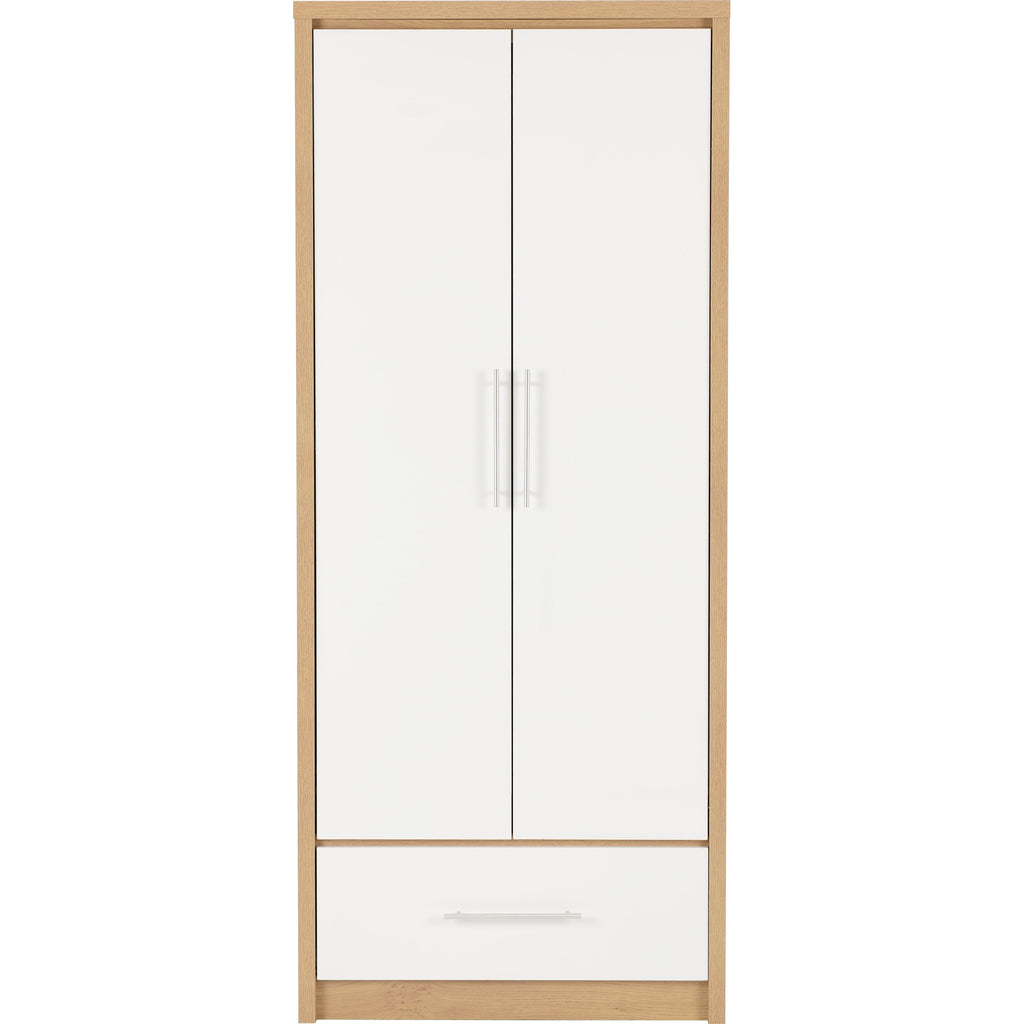Seville 2 Door 1 Drawer Wardrobe - White Gloss/Light Oak Effect Veneer