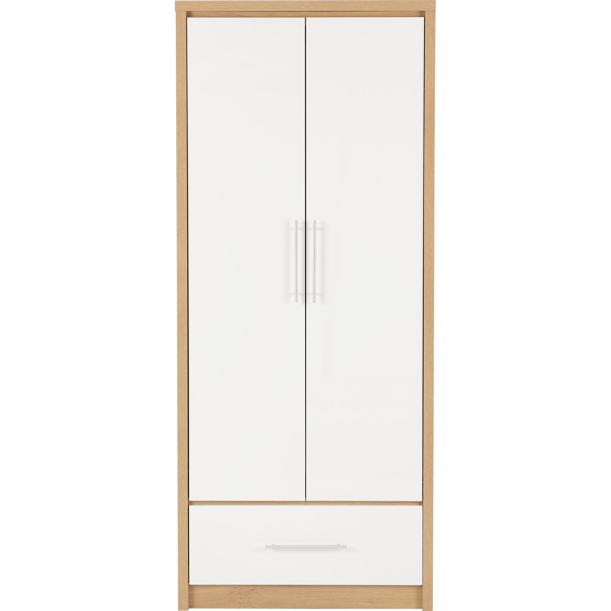Seville 2 Door 1 Drawer Wardrobe - White Gloss/Light Oak Effect Veneer