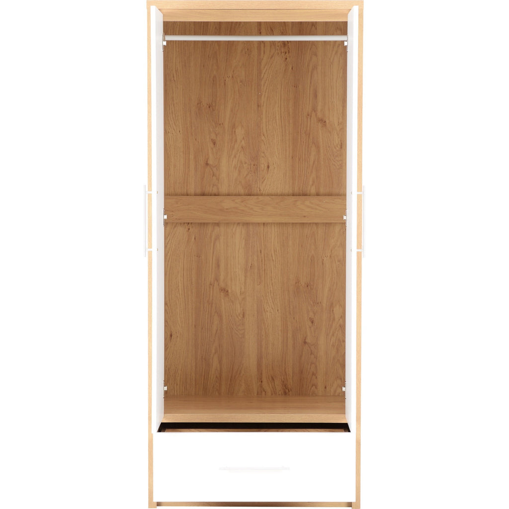 Seville 2 Door 1 Drawer Wardrobe - White Gloss/Light Oak Effect Veneer