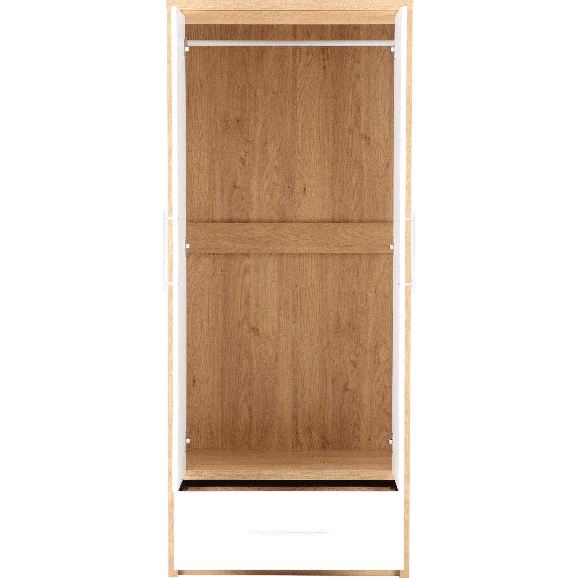 Seville 2 Door 1 Drawer Wardrobe - White Gloss/Light Oak Effect Veneer