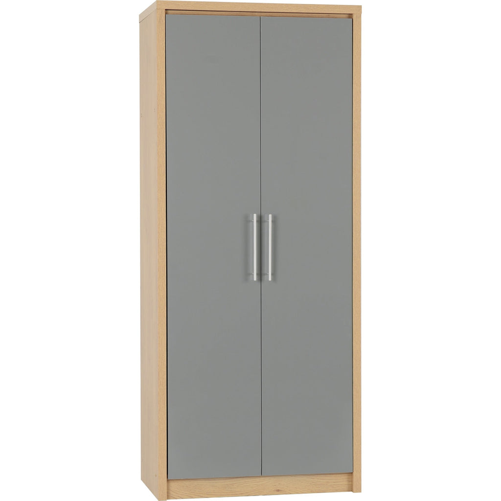 Seville 2 Door Wardrobe - Grey Gloss/Light Oak Effect Veneer
