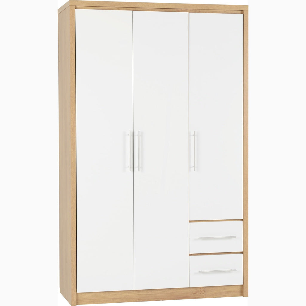 Seville 3 Door 2 Drawer Wardrobe - White Gloss/Light Oak Effect Veneer