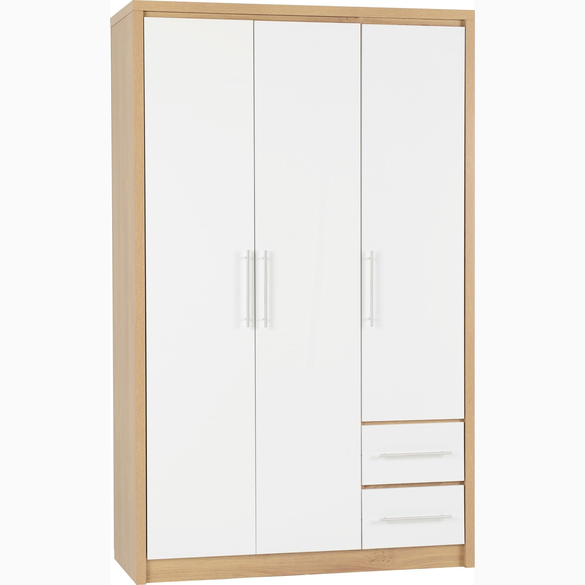 Seville 3 Door 2 Drawer Wardrobe - White Gloss/Light Oak Effect Veneer
