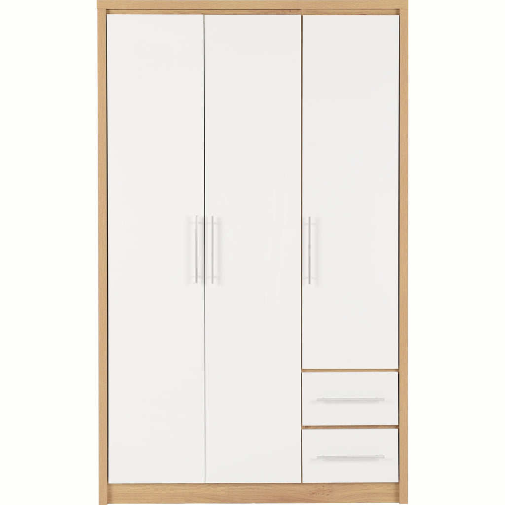 Seville 3 Door 2 Drawer Wardrobe - White Gloss/Light Oak Effect Veneer
