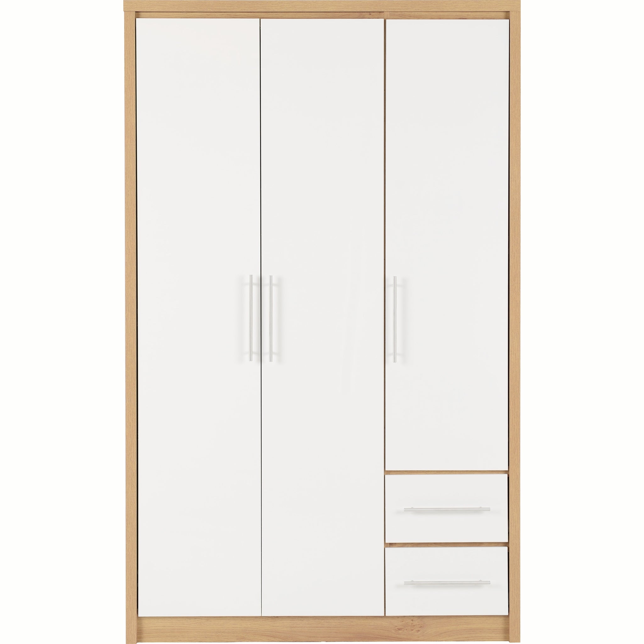 Seville 3 Door 2 Drawer Wardrobe - White Gloss/Light Oak Effect Veneer