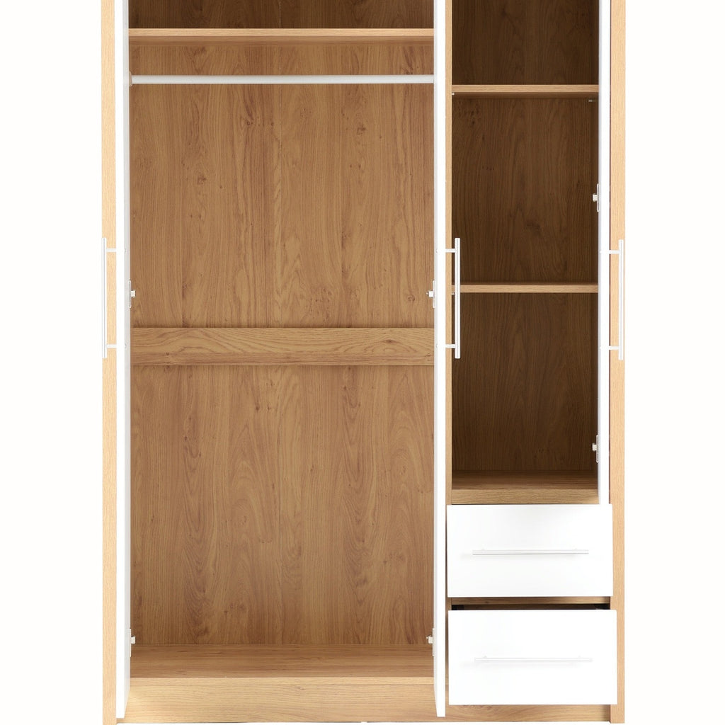 Seville 3 Door 2 Drawer Wardrobe - White Gloss/Light Oak Effect Veneer