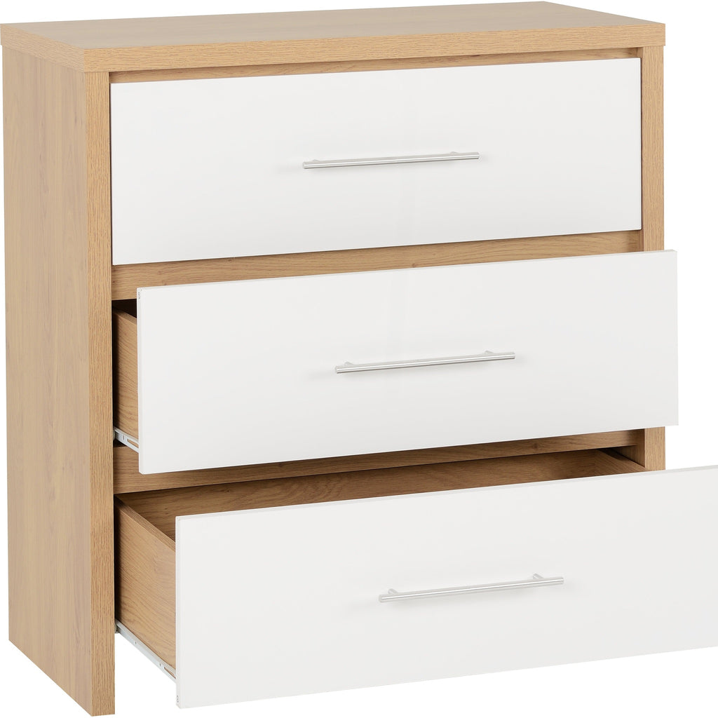 Seville 3 Drawer Chest - White Gloss/Light Oak Effect Veneer
